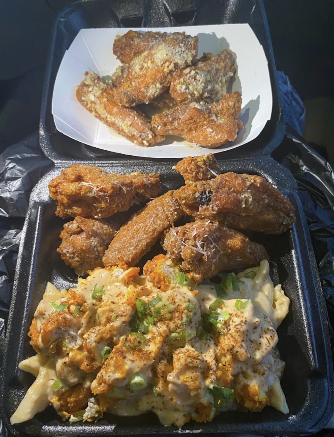 Garlic parmesan wings with cajun chicken alfredo pasta