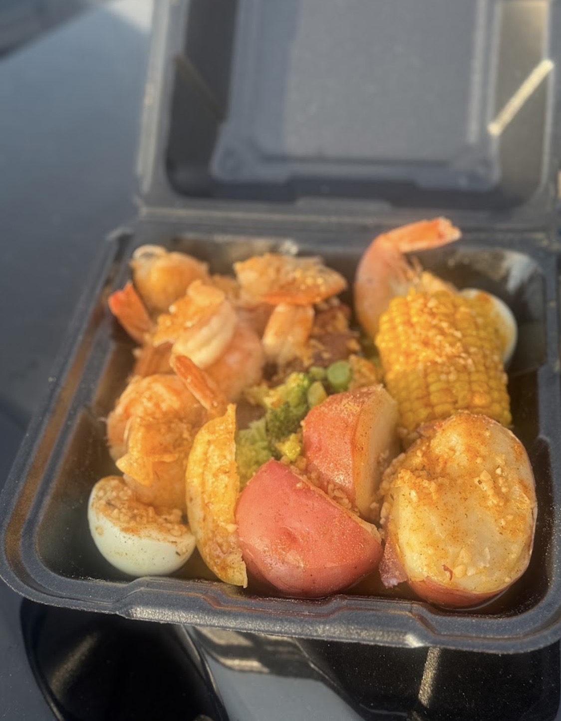 Shrimp seafood boil with corn, potatoes & sausage